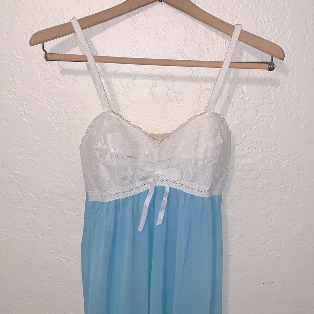 Vintage 70s Nylon Tricot Empire Maxi Nightgown Blue White Lace SMALL Made in USA